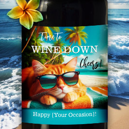 Funny Cat Tropical Beach Wine Label Weinetikett
