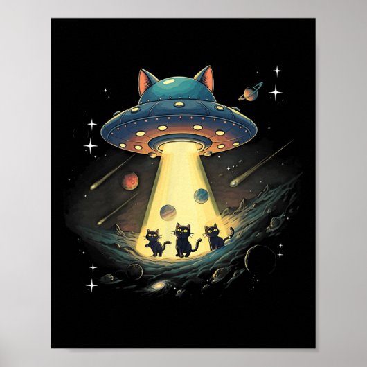 Funny Cat Ufo Niedlich Kitty Space Raumschiff Alie Poster (Vorne)