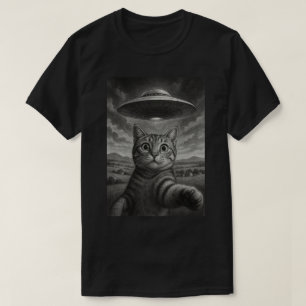 Funny Cat UFO Selfie Black and White Illustration T-Shirt
