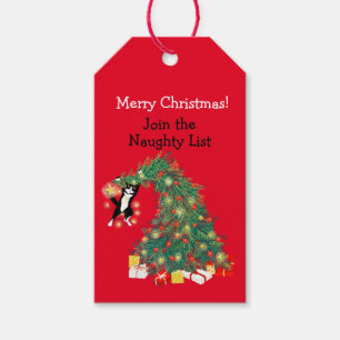 Funny Cat und Christmas Tree Naughty List Geschenkanhänger