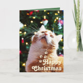 Funny Cat und Green Tree & Happy Weihnachten Einzi Karte (Vorderseite)