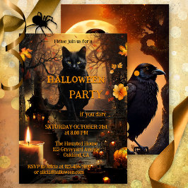 Funny Cat und Raven Halloween-Party Einladung