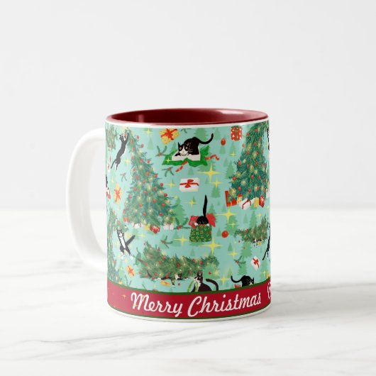 Funny Cat und The Christmas Tree Personalisiert Zweifarbige Tasse (Vorderseite Links)