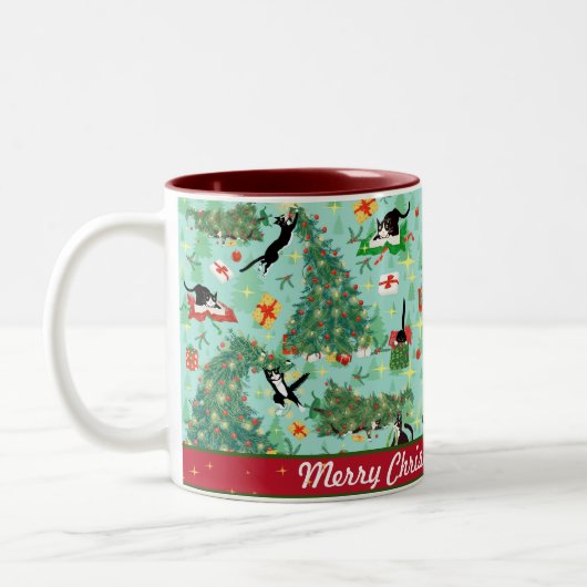 Funny Cat und The Christmas Tree Personalisiert Zweifarbige Tasse (Links)