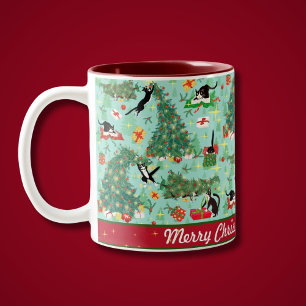Funny Cat und The Christmas Tree Personalisiert Zweifarbige Tasse