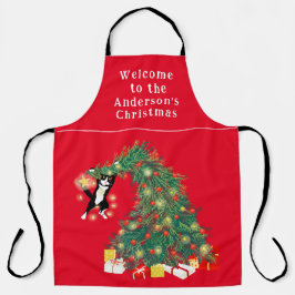 Funny Cat und Weihnachtsbaum Personalisiert Red Schürze