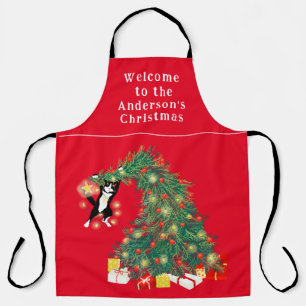 Funny Cat und Weihnachtsbaum Personalisiert Red Schürze
