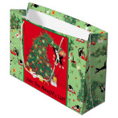 Funny Cat und Weihnachtsbaum Trouble Custom Green Große Geschenktüte (Vorderseite Schrägansicht)