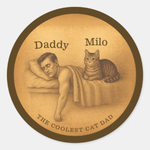 Funny Cat Vater Schlafen Illustration Runder Aufkleber