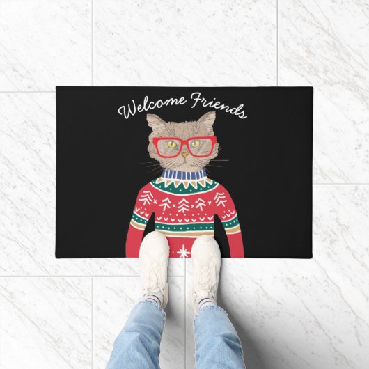 Funny Cat Wearing Brille, Ugly Christmas Sweater Fußmatte (Indoor)