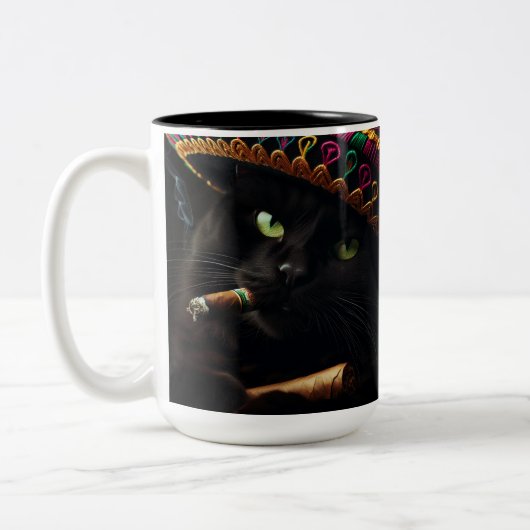Funny Cat Wearing Sombrero Zweifarbige Tasse (Links)