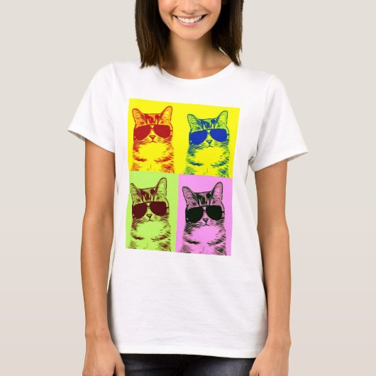 Funny Cat Wearing Sunglasses Multicolored Pop Art T-Shirt (Vorderseite)