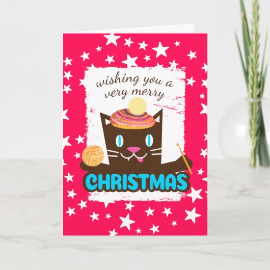 Funny Cat Weihnachtshut Hakengarne Feiertagskarte (Vorderseite)