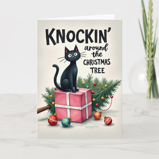 Funny Cat Weihnachtskarte Klopfen um den Baum Karte (Vorderseite)