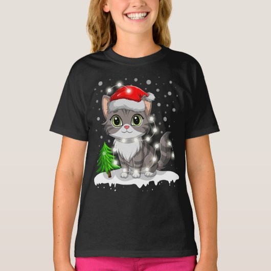 Funny Cat Weihnachtsmannmütze Frohe Weihnachtsbaum T-Shirt (Vorderseite)