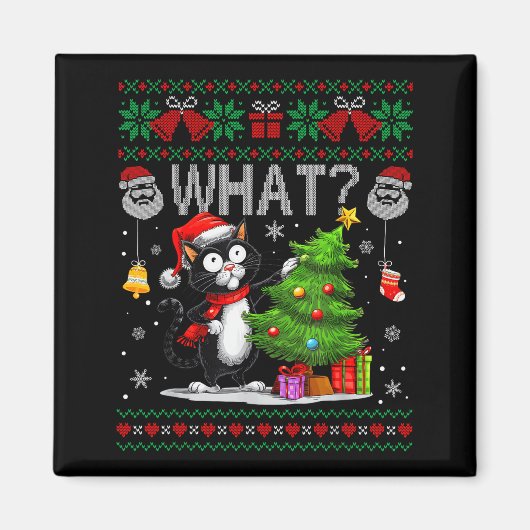 Funny Cat What Black Cat Christmas Tree Ugly Xmas Magnet (Vorne)