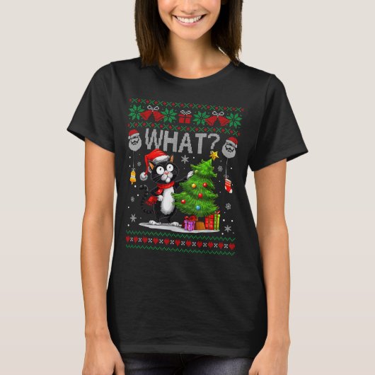 Funny Cat What Black Cat Christmas Tree Ugly Xmas T-Shirt (Vorderseite)