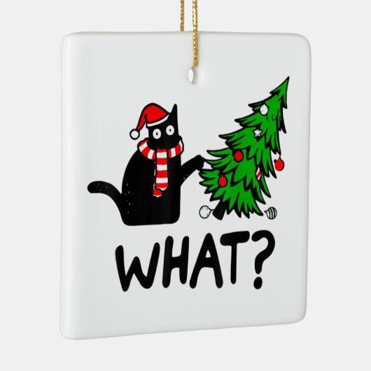 Funny Cat What Black Cat Pushing Christmas Tree T- Keramikornament (Rechts)