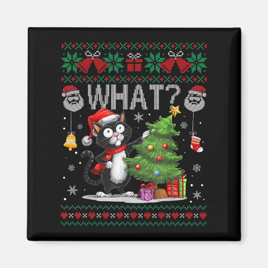 Funny Cat What Black Cat Weihnachtsbaum Ugly Xmas Magnet (Vorne)