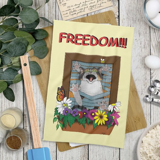 Funny Cat Window Yellow Freedom Geschirrtuch