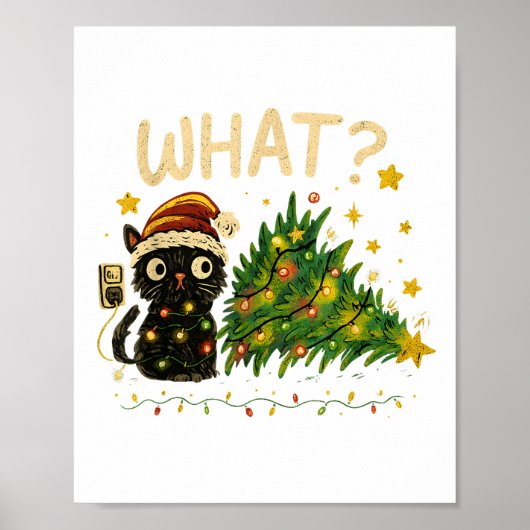 Funny Cat With Christmas Lights And Fallen Tree Ar Poster (Vorne)