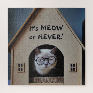 Funny Cat With Glasses It's Meow or Never Quote Puzzle