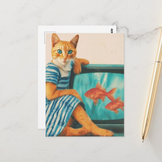 Funny Cat With Goldfish Retro Collage Postkarte (Vorderseite/Rückseite Beispiel)