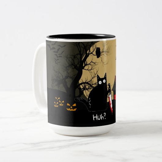 Funny Cat With Knife Custom Text Halloween Mug Zweifarbige Tasse (Vorderseite Links)