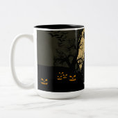 Funny Cat With Knife Custom Text Halloween Mug Zweifarbige Tasse (Links)