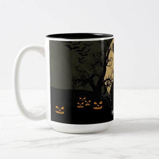 Funny Cat With Knife Custom Text Halloween Mug Zweifarbige Tasse (Links)
