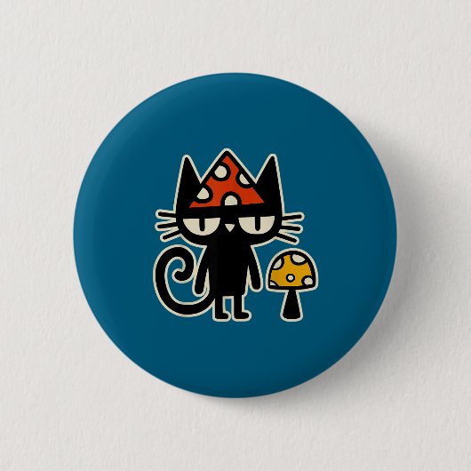 Funny Cat With Mushroom Hat Black Cat With Toadsto Button (Vorderseite)