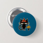 Funny Cat With Mushroom Hat Black Cat With Toadsto Button (Vorne & Hinten)