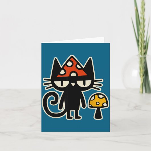 Funny Cat With Mushroom Hat Black Cat With Toadsto Karte (Vorderseite)
