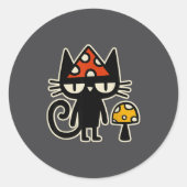 Funny Cat With Mushroom Hat Black Cat With Toadsto Runder Aufkleber (Vorderseite)