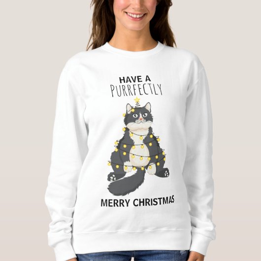 Funny Cat Wrapped in Christmas Lights Winter Humor Sweatshirt (Vorderseite)