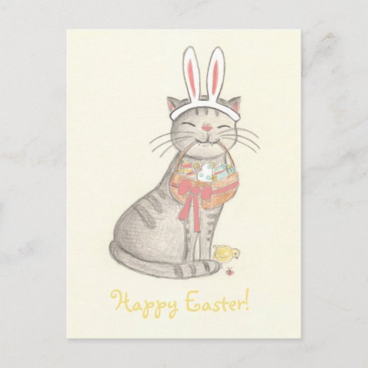 Funny Cat Zeichnend/ Frohe Ostern Postkarte (Vorderseite)