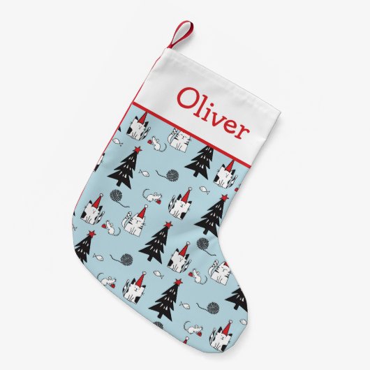 Funny Cats Blue und White Kleiner Weihnachtsstrumpf (Vorderansicht (hängend))