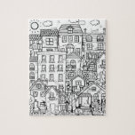 Funny Cats Detailed Town Black White Coloring Gift Puzzle<br><div class="desc">Black and white design for relaxing coloring,  whimsical detailed cozy town with houses and cute cats,  find and color all of the cats hiding in this town. This puzzle would work great as a gift for a cat lover.</div>