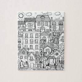 Funny Cats Detailed Town Black White Coloring Gift Puzzle