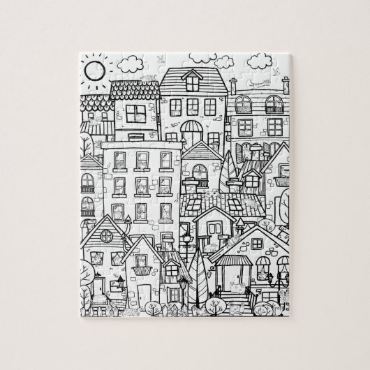 Funny Cats Detailed Town Black White Coloring Gift Puzzle (Vertikal)