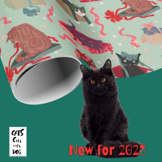 Funny Cats in Christmas Boxes Sage Geschenkpapier