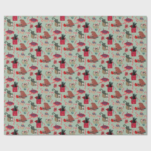 Funny Cats in Christmas Boxes Sage Geschenkpapier (Flach)