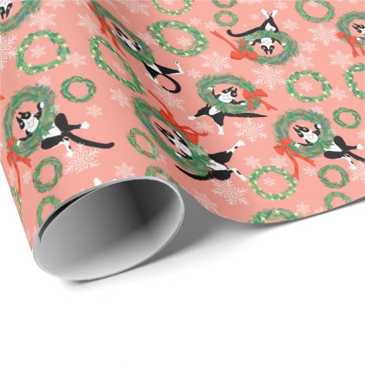 Funny Cats in Christmas Wreaths Wrapping Paper Geschenkpapier (Rolleneckpunkt)