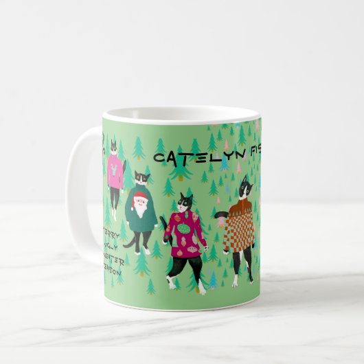 Funny Cats in Ugly Christmas Sweaters grün Kaffeetasse (Vorderseite Links)