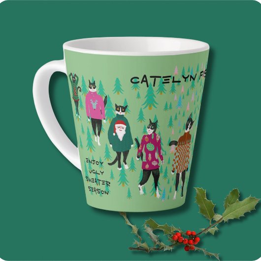 Funny Cats in Ugly Christmas Sweaters grün Milchtasse