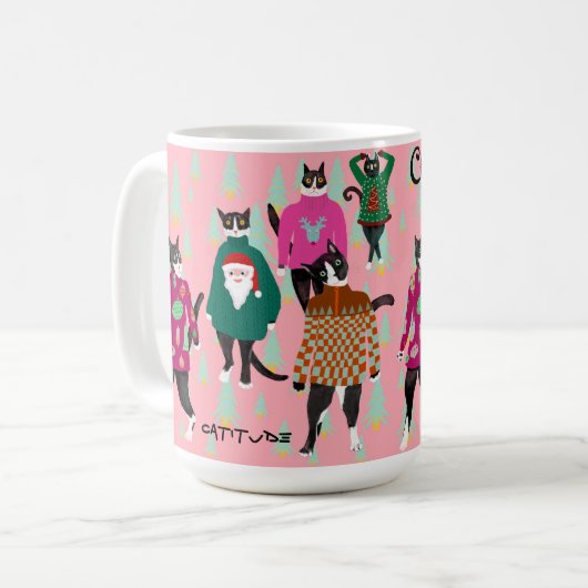 Funny Cats in Ugly Christmas Sweaters Pink Custom Kaffeetasse (Vorderseite Links)