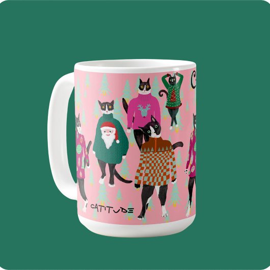 Funny Cats in Ugly Christmas Sweaters Pink Custom Kaffeetasse