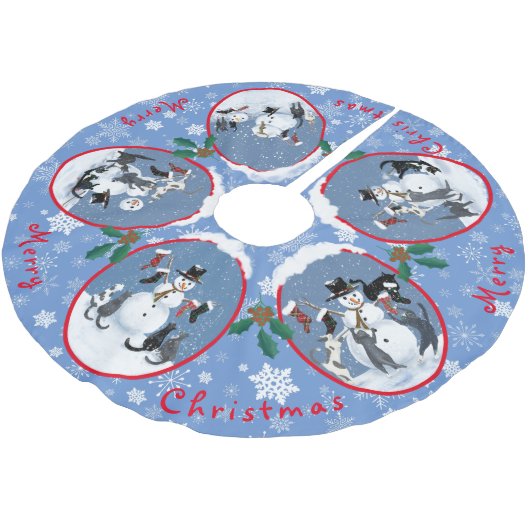 Funny Cats Meet Snowman Narrative Custom Polyester Weihnachtsbaumdecke (Schrägansicht)