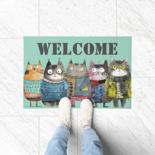 Funny Cats mit Bekleidung Willkommen Fußmatte
