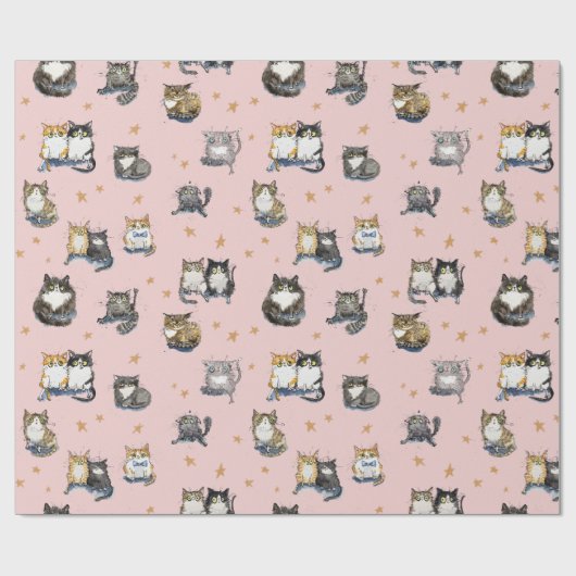 Funny Cats unter den Sternen auf der rosa Katze ge Geschenkpapier (Flach)